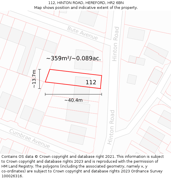 112, HINTON ROAD, HEREFORD, HR2 6BN: Plot and title map