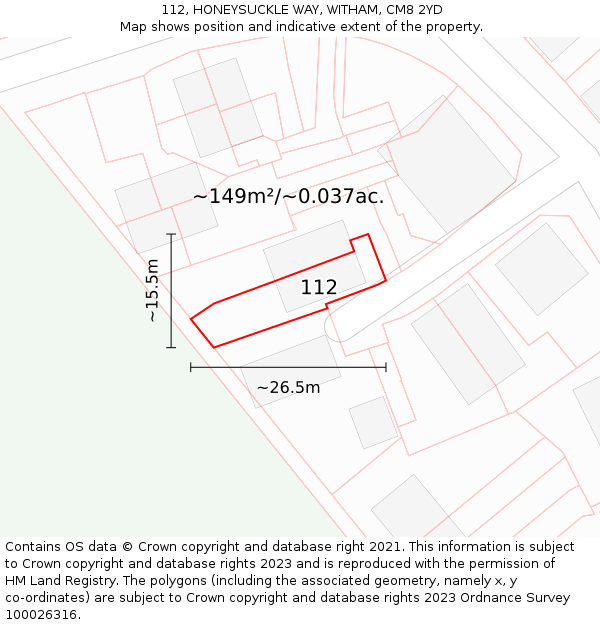 112, HONEYSUCKLE WAY, WITHAM, CM8 2YD: Plot and title map
