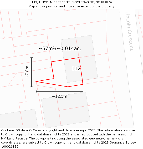 112, LINCOLN CRESCENT, BIGGLESWADE, SG18 8HW: Plot and title map