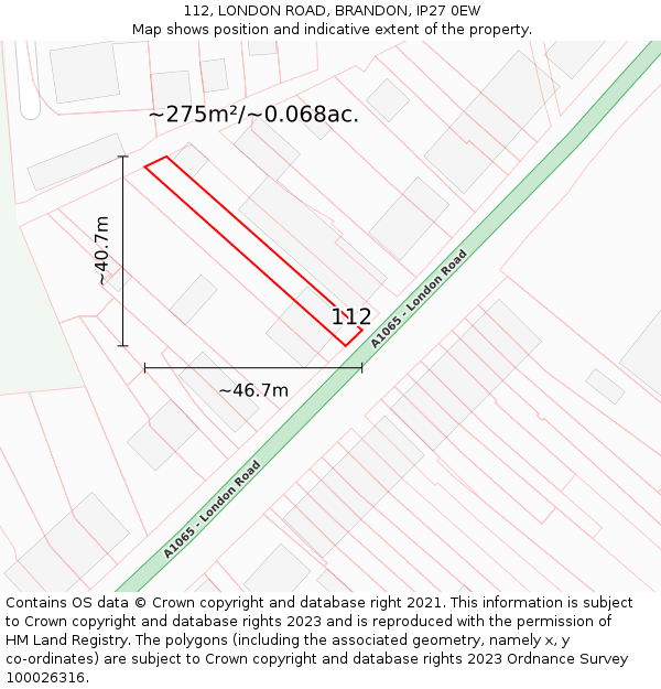112, LONDON ROAD, BRANDON, IP27 0EW: Plot and title map