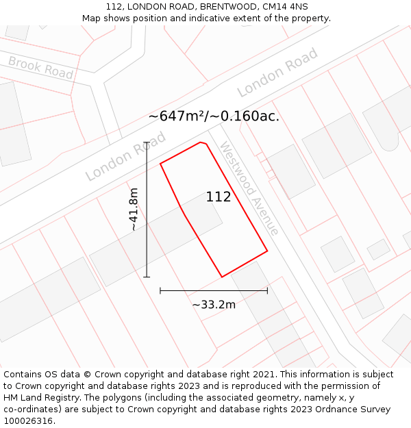 112, LONDON ROAD, BRENTWOOD, CM14 4NS: Plot and title map