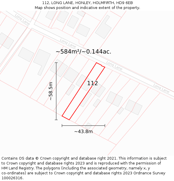112, LONG LANE, HONLEY, HOLMFIRTH, HD9 6EB: Plot and title map
