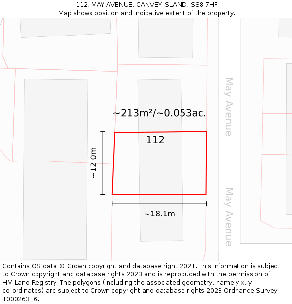 112, MAY AVENUE, CANVEY ISLAND, SS8 7HF: Plot and title map