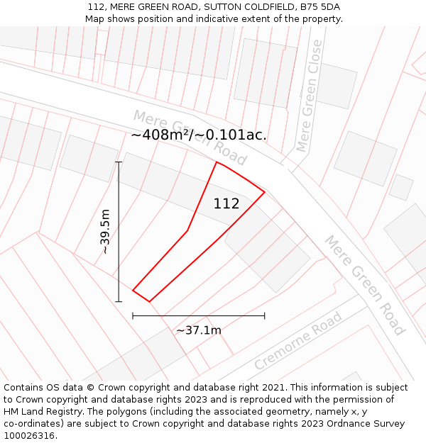 112, MERE GREEN ROAD, SUTTON COLDFIELD, B75 5DA: Plot and title map