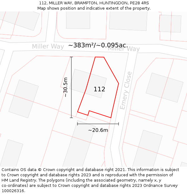 112, MILLER WAY, BRAMPTON, HUNTINGDON, PE28 4RS: Plot and title map