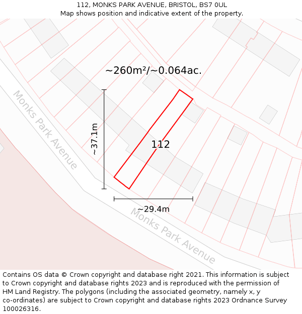 112, MONKS PARK AVENUE, BRISTOL, BS7 0UL: Plot and title map