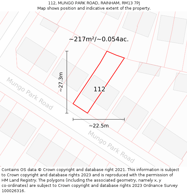 112, MUNGO PARK ROAD, RAINHAM, RM13 7PJ: Plot and title map