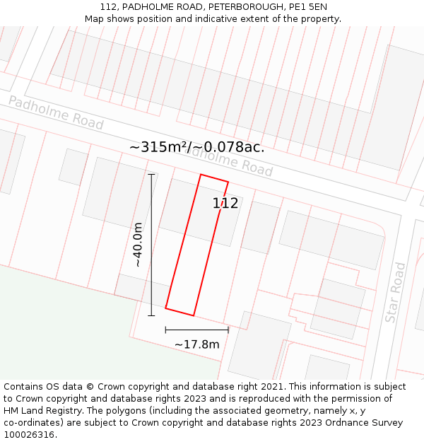 112, PADHOLME ROAD, PETERBOROUGH, PE1 5EN: Plot and title map