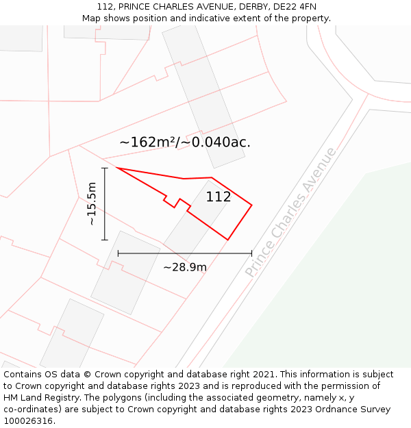 112, PRINCE CHARLES AVENUE, DERBY, DE22 4FN: Plot and title map