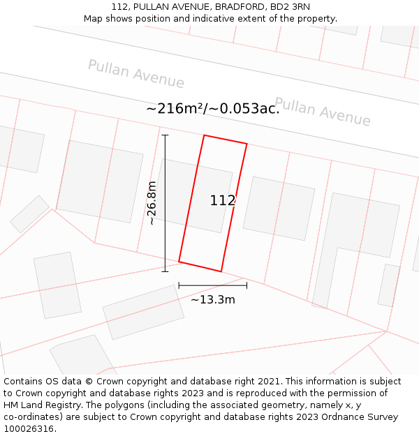 112, PULLAN AVENUE, BRADFORD, BD2 3RN: Plot and title map