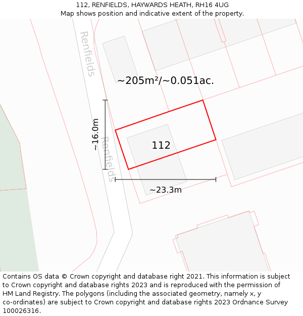 112, RENFIELDS, HAYWARDS HEATH, RH16 4UG: Plot and title map
