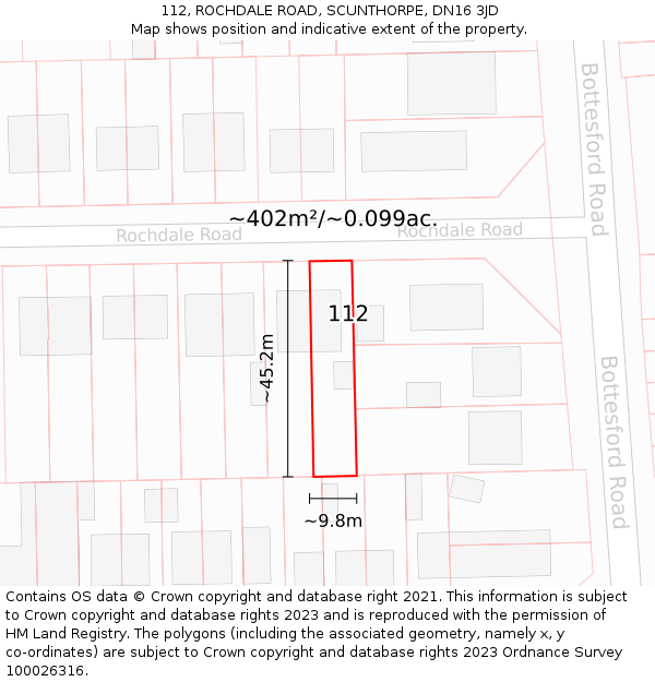 112, ROCHDALE ROAD, SCUNTHORPE, DN16 3JD: Plot and title map
