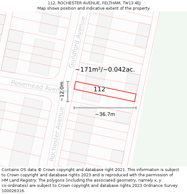 112, ROCHESTER AVENUE, FELTHAM, TW13 4EJ: Plot and title map