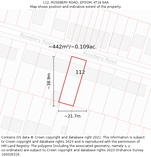 112, ROSEBERY ROAD, EPSOM, KT18 6AA: Plot and title map