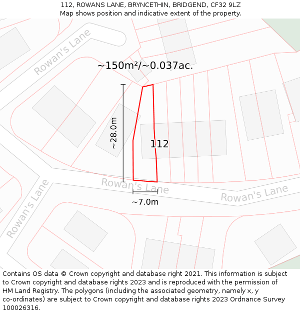 112, ROWANS LANE, BRYNCETHIN, BRIDGEND, CF32 9LZ: Plot and title map