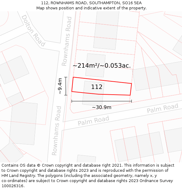 112, ROWNHAMS ROAD, SOUTHAMPTON, SO16 5EA: Plot and title map