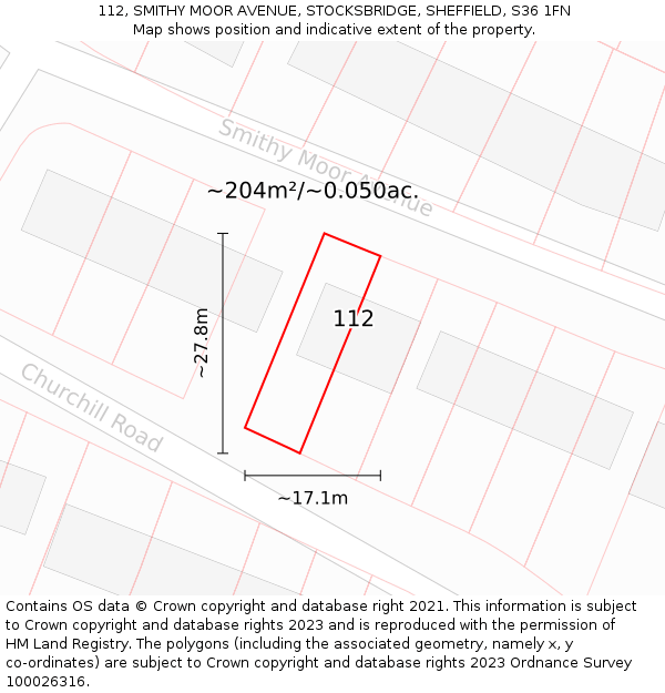 112, SMITHY MOOR AVENUE, STOCKSBRIDGE, SHEFFIELD, S36 1FN: Plot and title map