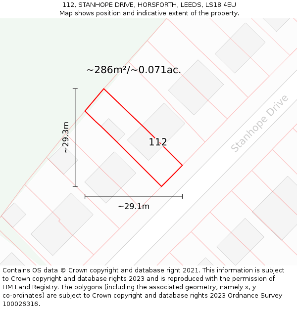 112, STANHOPE DRIVE, HORSFORTH, LEEDS, LS18 4EU: Plot and title map
