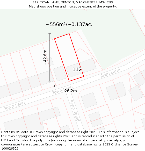 112, TOWN LANE, DENTON, MANCHESTER, M34 2BS: Plot and title map