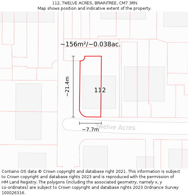 112, TWELVE ACRES, BRAINTREE, CM7 3RN: Plot and title map