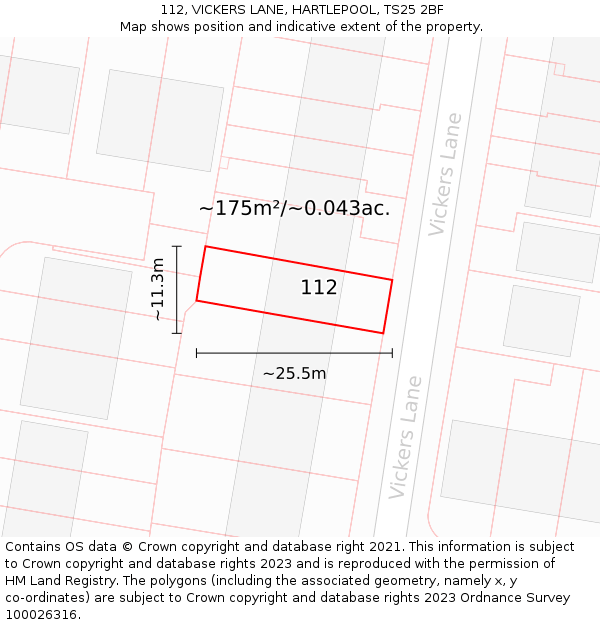 112, VICKERS LANE, HARTLEPOOL, TS25 2BF: Plot and title map