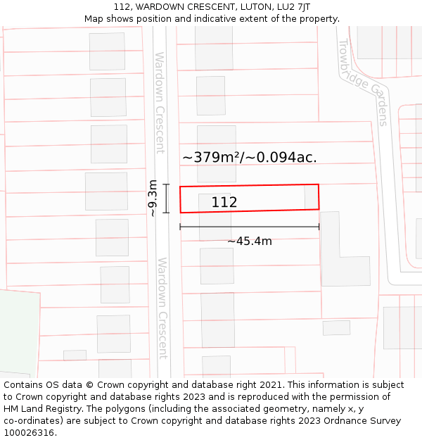 112, WARDOWN CRESCENT, LUTON, LU2 7JT: Plot and title map