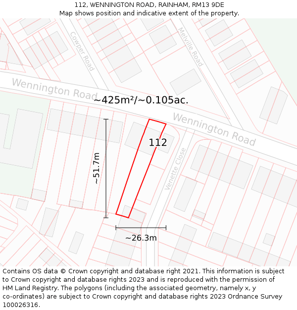 112, WENNINGTON ROAD, RAINHAM, RM13 9DE: Plot and title map
