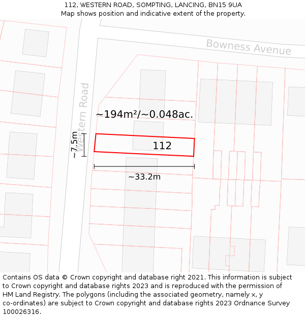 112, WESTERN ROAD, SOMPTING, LANCING, BN15 9UA: Plot and title map
