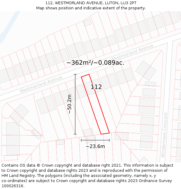 112, WESTMORLAND AVENUE, LUTON, LU3 2PT: Plot and title map