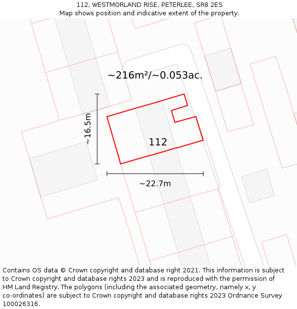 112, WESTMORLAND RISE, PETERLEE, SR8 2ES: Plot and title map