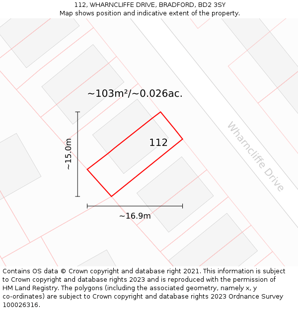 112, WHARNCLIFFE DRIVE, BRADFORD, BD2 3SY: Plot and title map