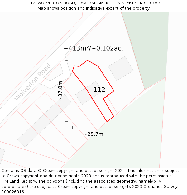 112, WOLVERTON ROAD, HAVERSHAM, MILTON KEYNES, MK19 7AB: Plot and title map
