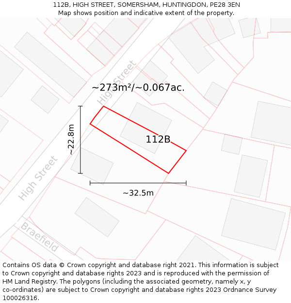 112B, HIGH STREET, SOMERSHAM, HUNTINGDON, PE28 3EN: Plot and title map