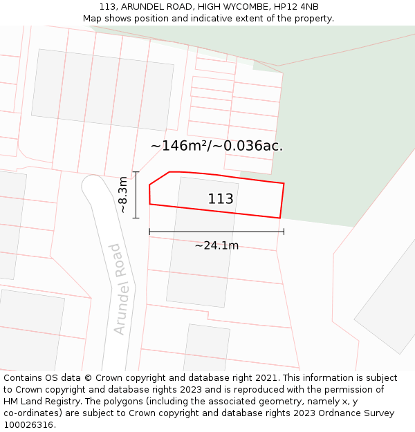 113, ARUNDEL ROAD, HIGH WYCOMBE, HP12 4NB: Plot and title map