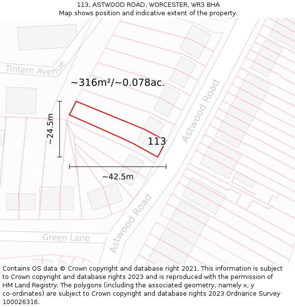 113, ASTWOOD ROAD, WORCESTER, WR3 8HA: Plot and title map