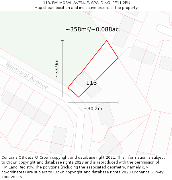 113, BALMORAL AVENUE, SPALDING, PE11 2RU: Plot and title map