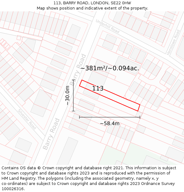 113, BARRY ROAD, LONDON, SE22 0HW: Plot and title map