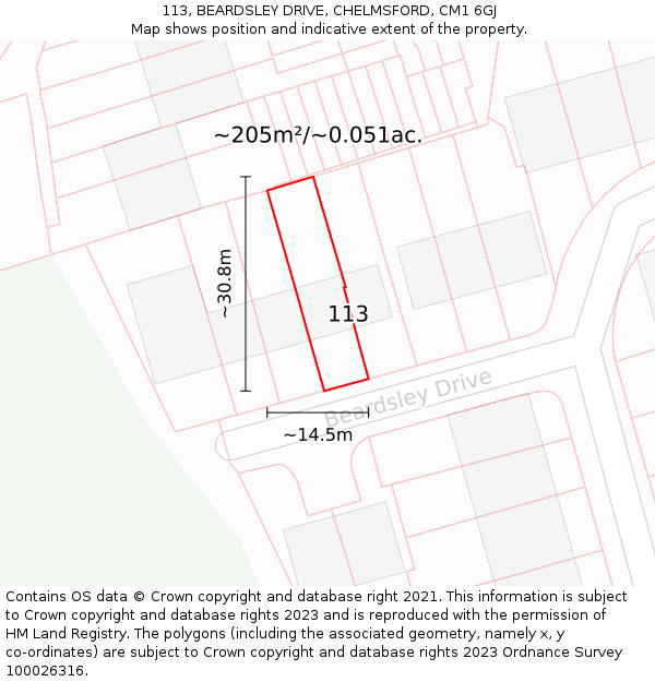 113, BEARDSLEY DRIVE, CHELMSFORD, CM1 6GJ: Plot and title map