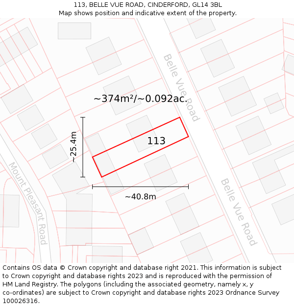 113, BELLE VUE ROAD, CINDERFORD, GL14 3BL: Plot and title map
