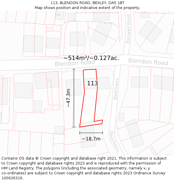 113, BLENDON ROAD, BEXLEY, DA5 1BT: Plot and title map