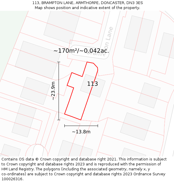 113, BRAMPTON LANE, ARMTHORPE, DONCASTER, DN3 3ES: Plot and title map