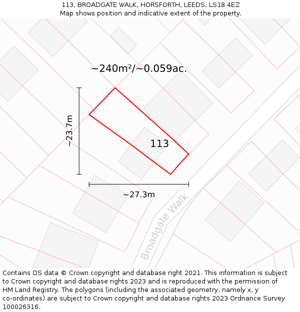 113, BROADGATE WALK, HORSFORTH, LEEDS, LS18 4EZ: Plot and title map