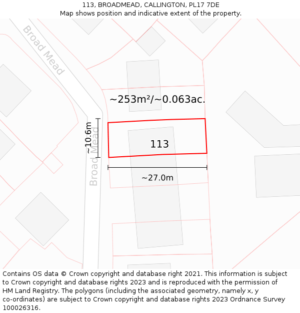 113, BROADMEAD, CALLINGTON, PL17 7DE: Plot and title map