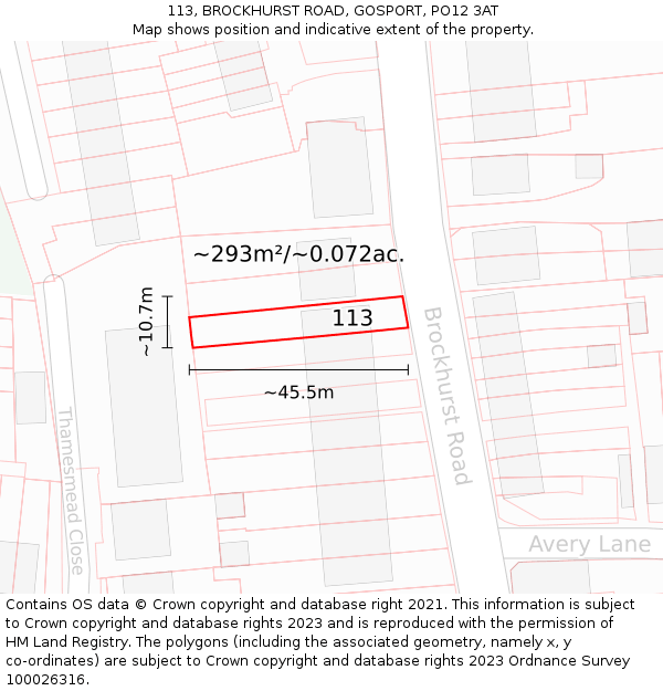113, BROCKHURST ROAD, GOSPORT, PO12 3AT: Plot and title map