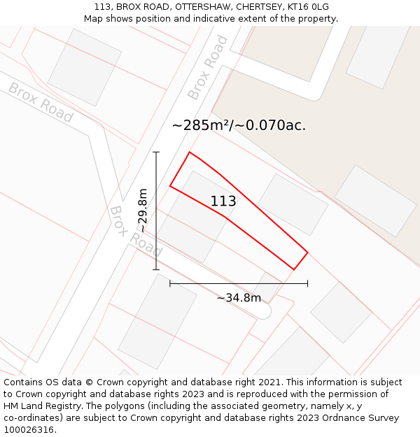 113, BROX ROAD, OTTERSHAW, CHERTSEY, KT16 0LG: Plot and title map