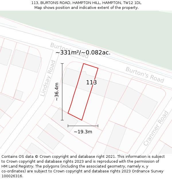 113, BURTONS ROAD, HAMPTON HILL, HAMPTON, TW12 1DL: Plot and title map