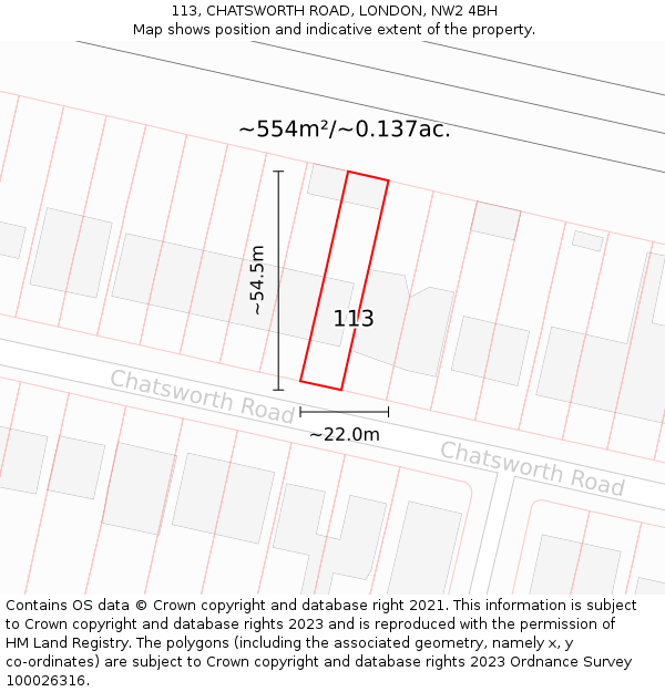 113, CHATSWORTH ROAD, LONDON, NW2 4BH: Plot and title map