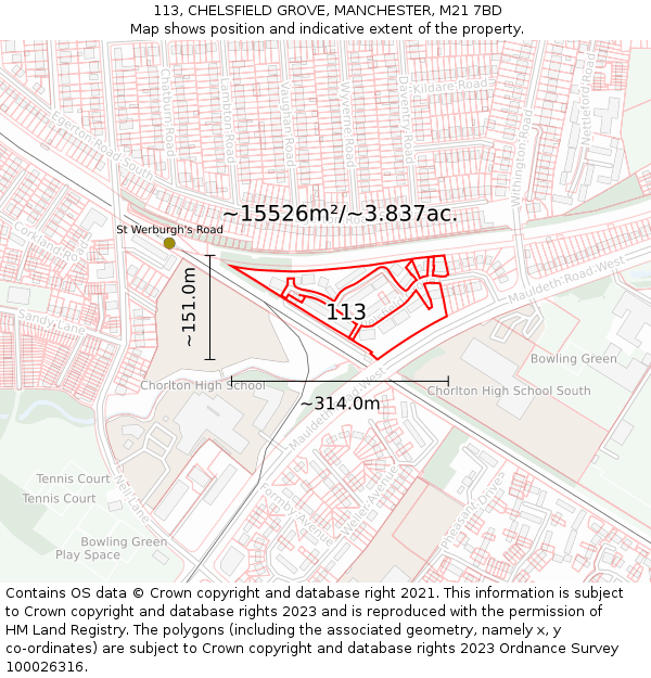 113, CHELSFIELD GROVE, MANCHESTER, M21 7BD: Plot and title map