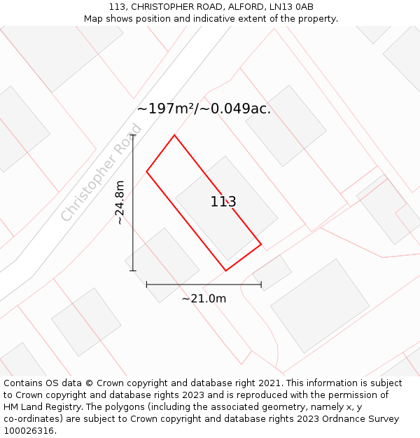 113, CHRISTOPHER ROAD, ALFORD, LN13 0AB: Plot and title map