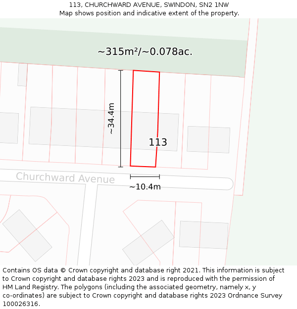 113, CHURCHWARD AVENUE, SWINDON, SN2 1NW: Plot and title map